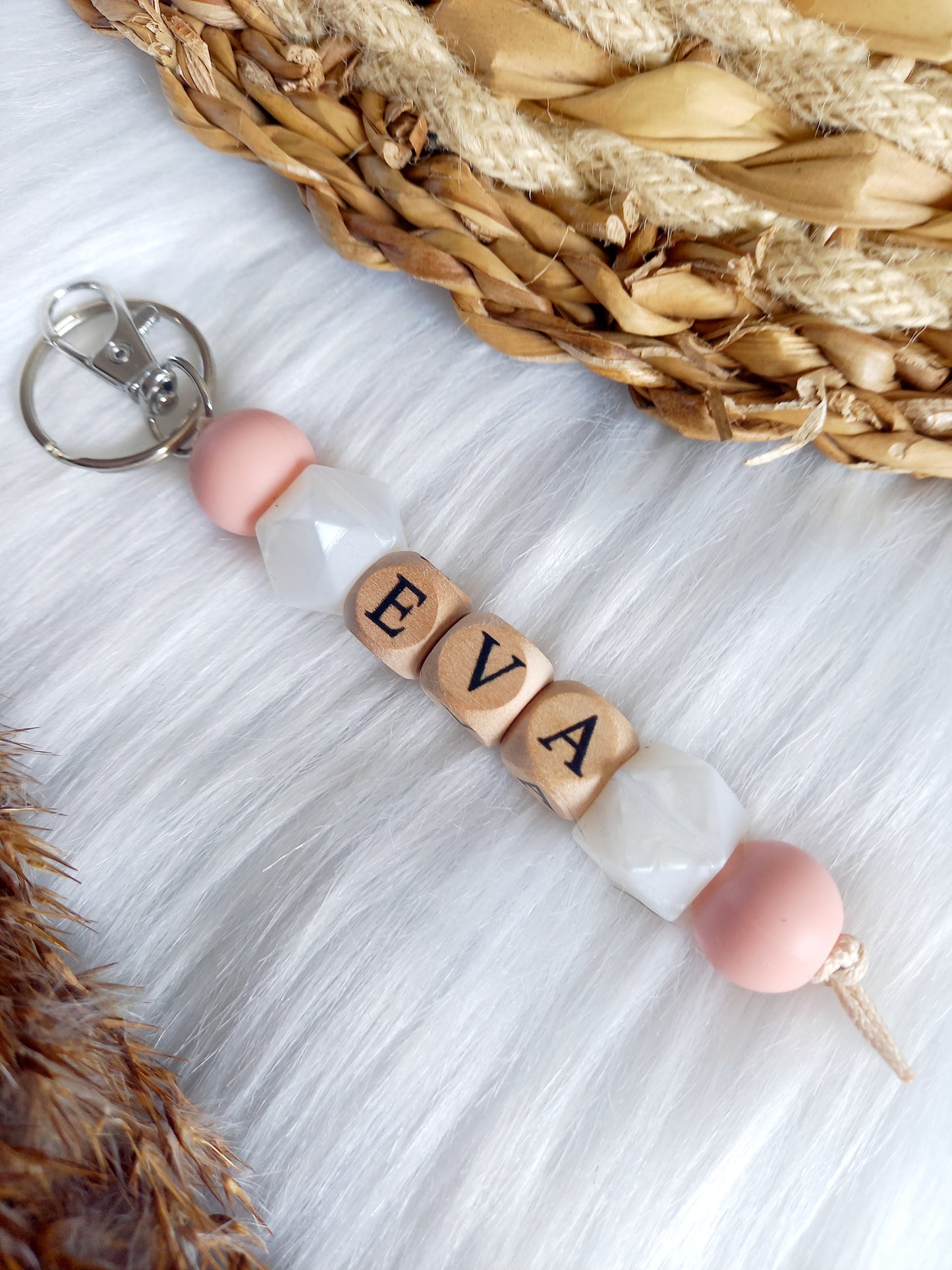 Tas/sleutelhanger (kies je kleuren zelf) parel/blush