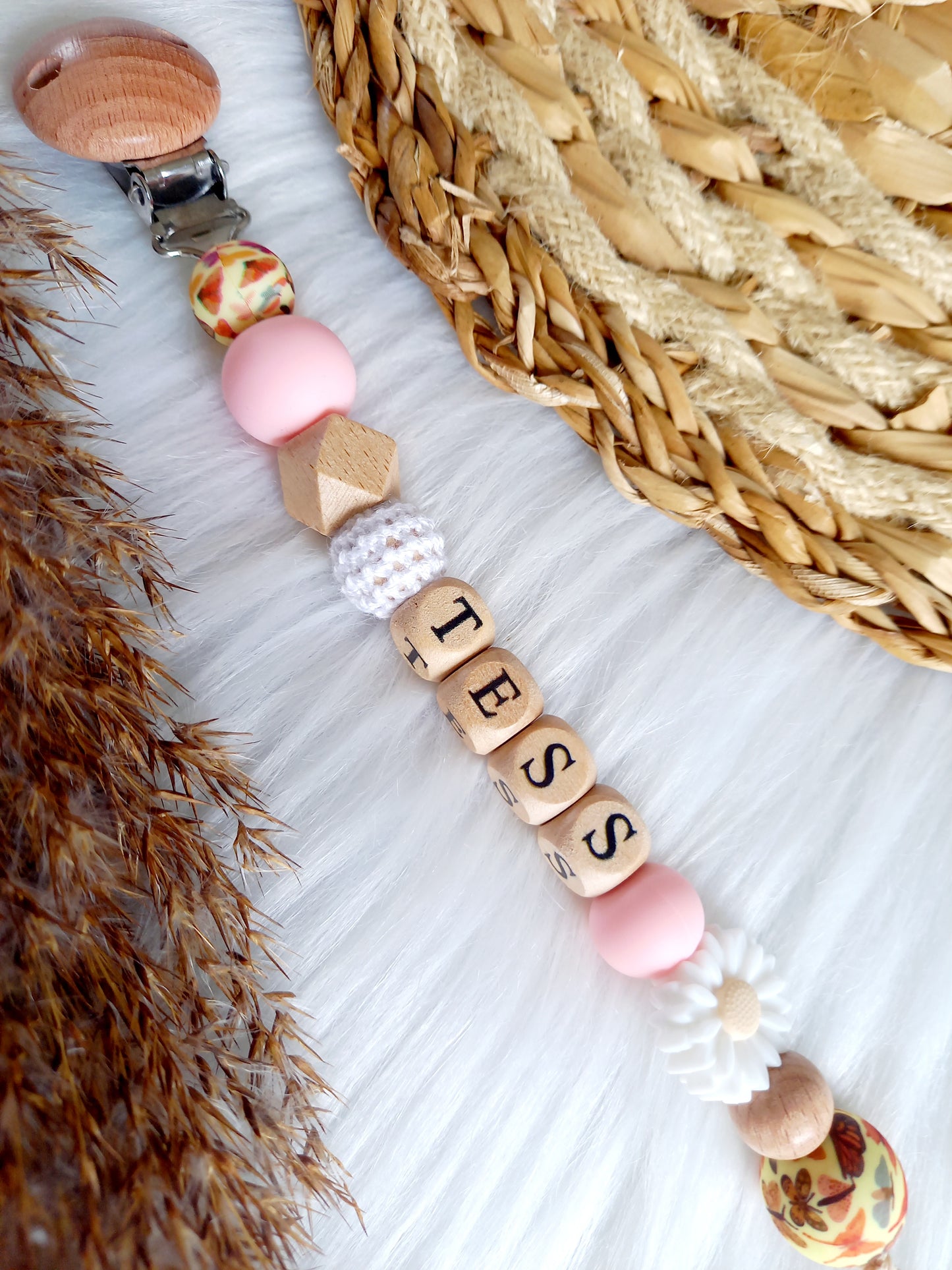 Speenkoord daisy (kies je kleuren zelf) babypink/vlinderprint