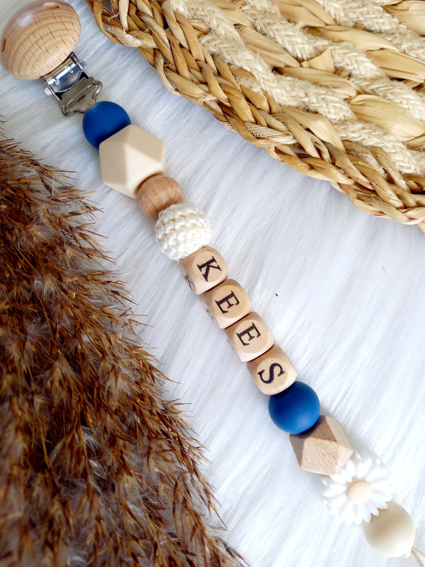 Speenkoord daisy (kies je kleuren zelf) marine blauw/beige