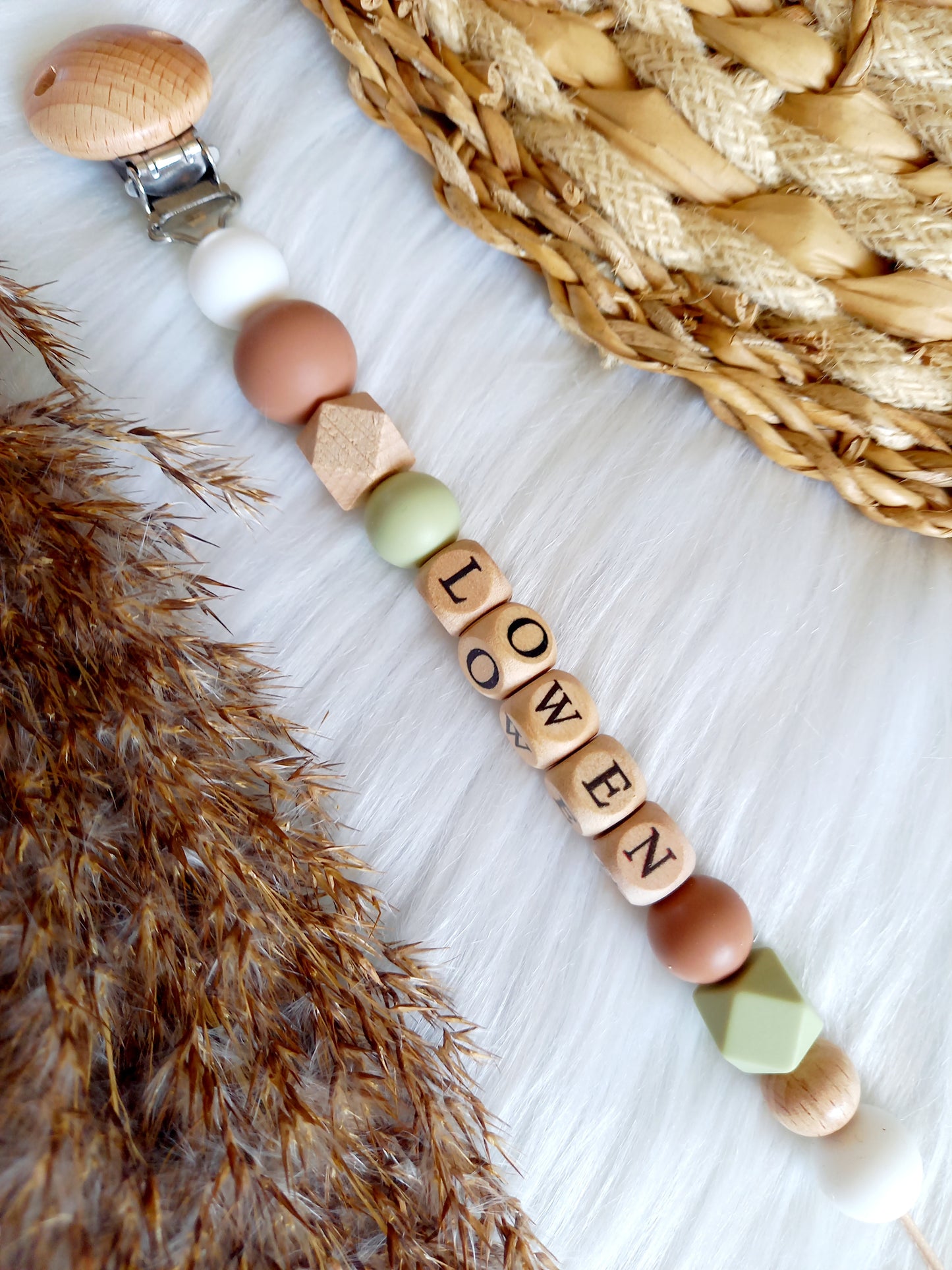 Speenkoord (kies je kleuren zelf) wit, sage, peach brons