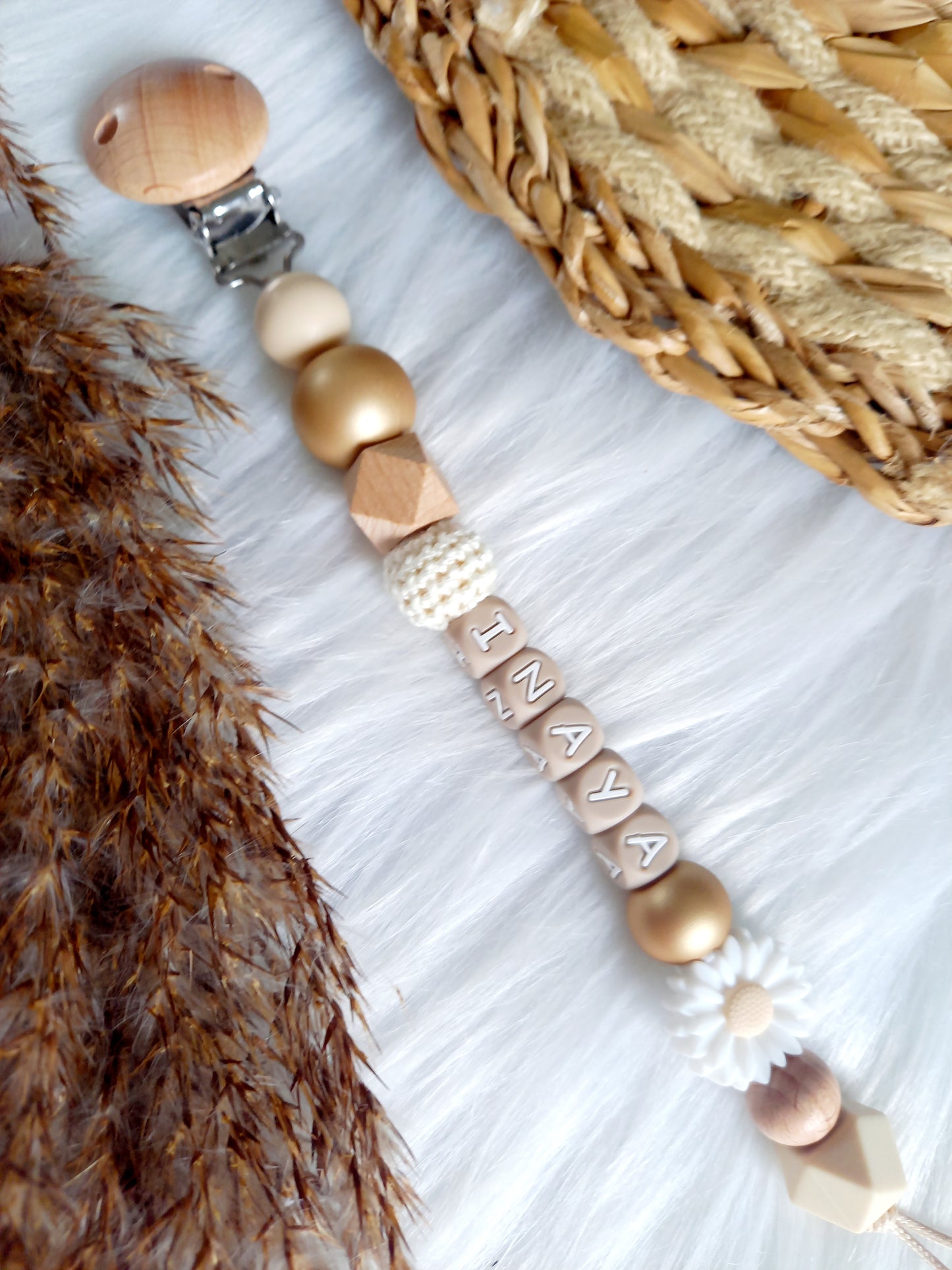 Speenkoord daisy (kies je kleuren zelf) beige/metallic gold