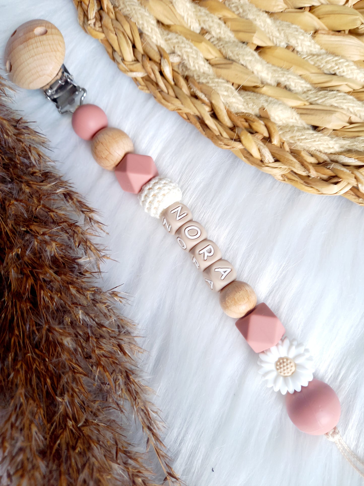 Speenkoord daisy (kies je kleuren zelf) powderblush/beukenhout