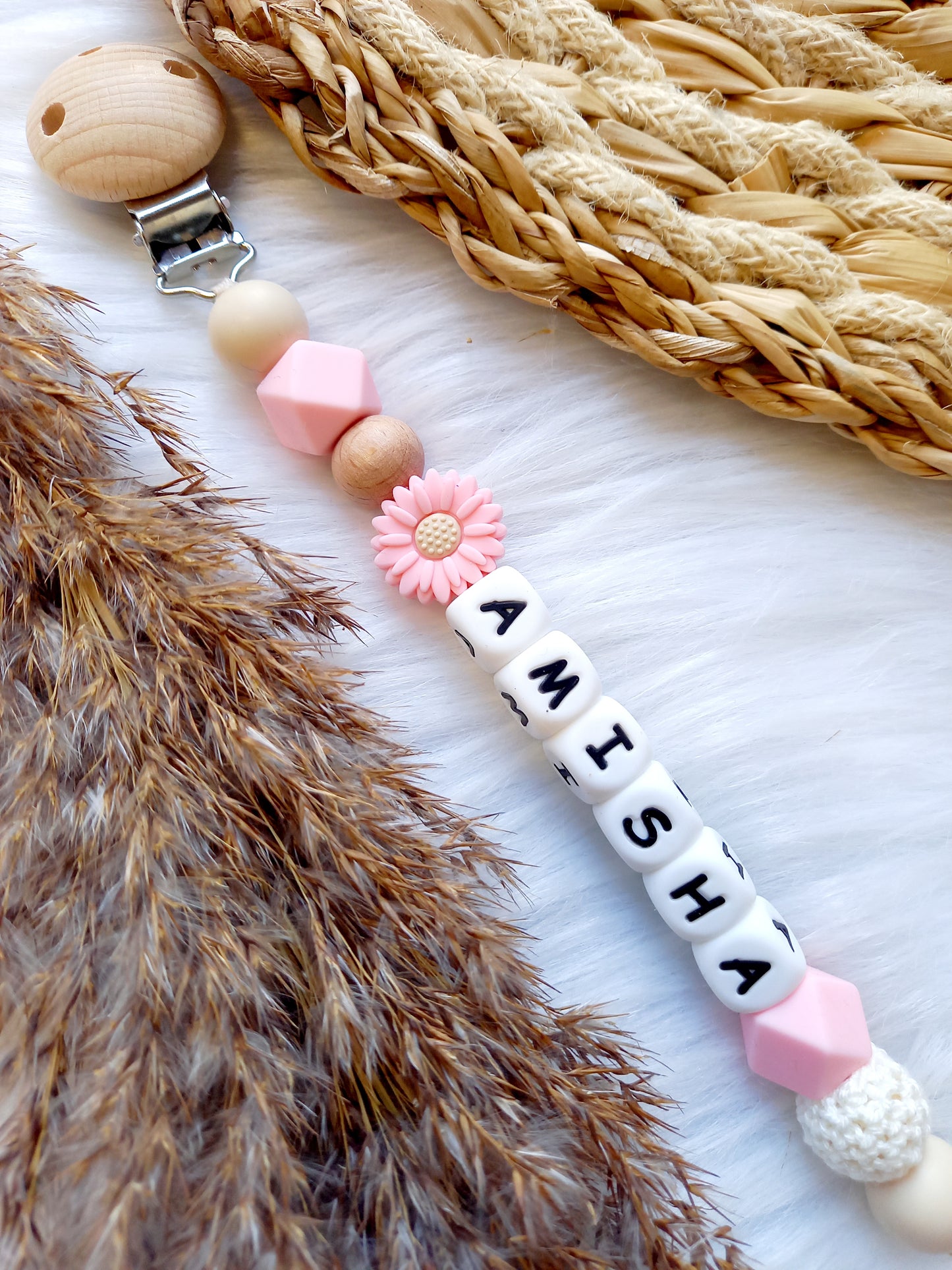 Speenkoord met naam daisy babypink