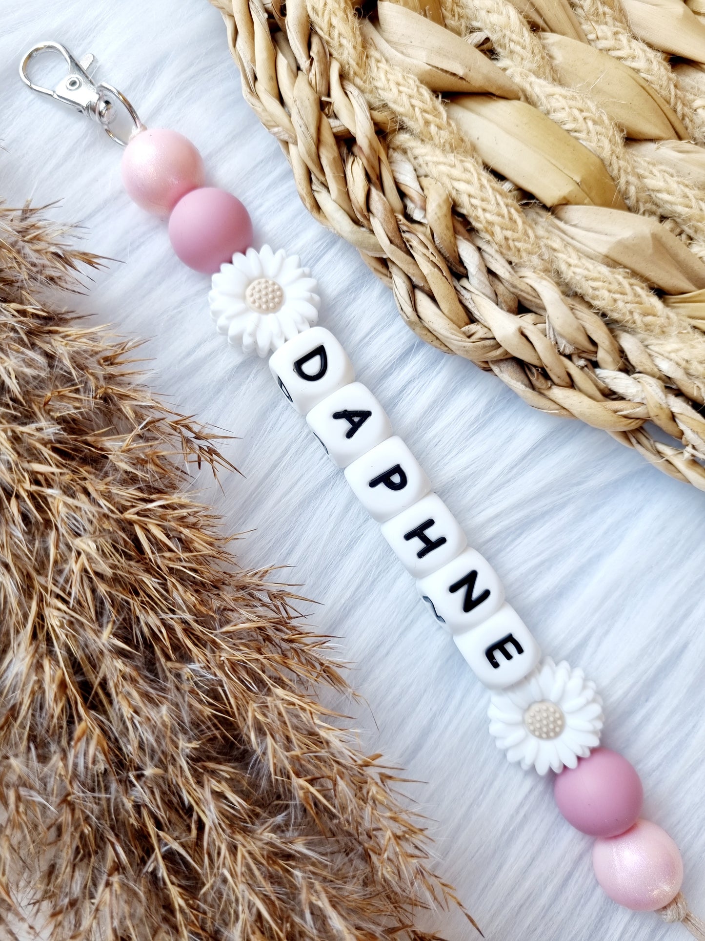 Sleutelhanger daisy 2 bloemen dusty rose, glossy babypink