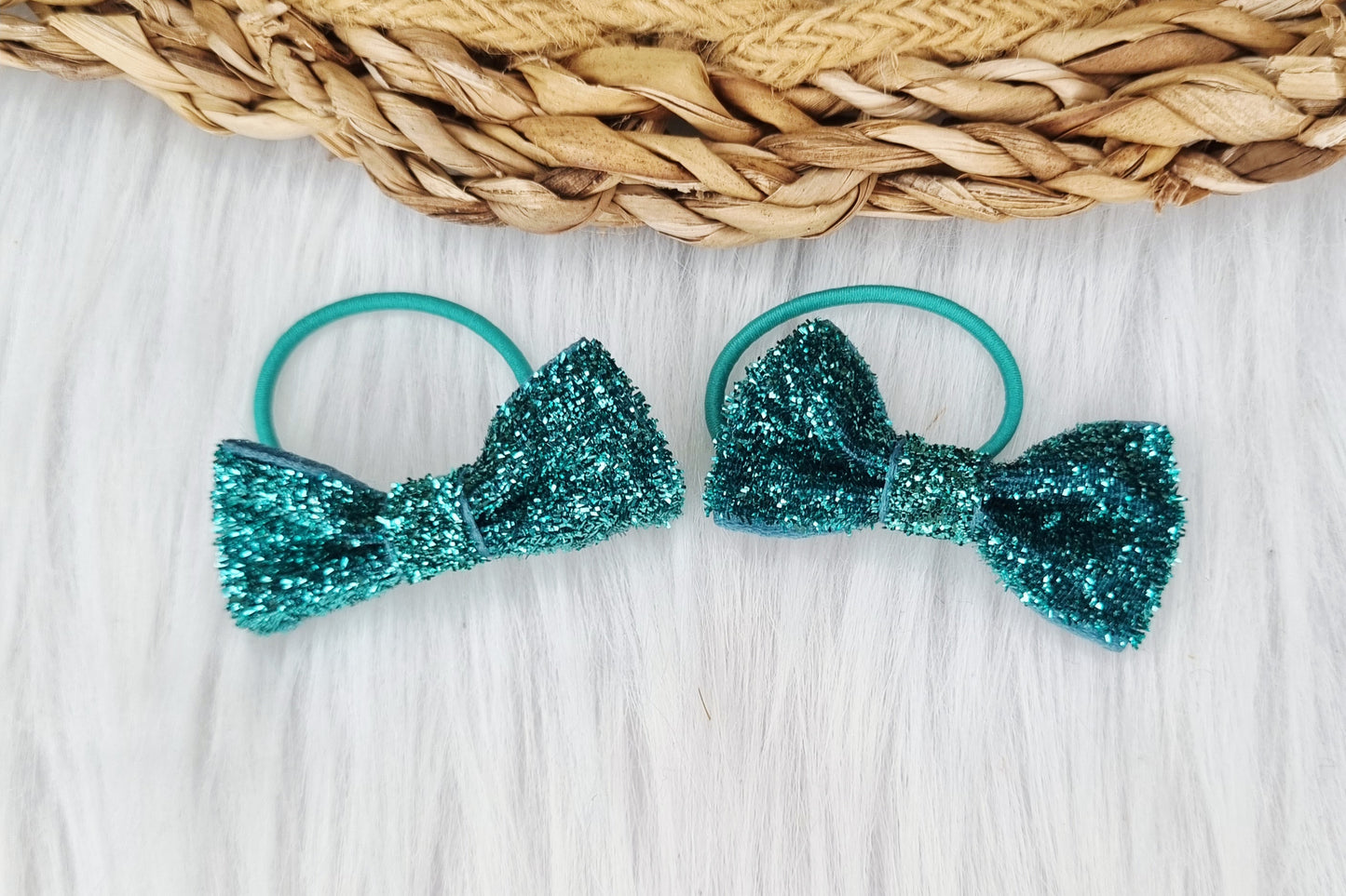 Haarelastiekje strik Glitter (lint) 2 stuks turquiose
