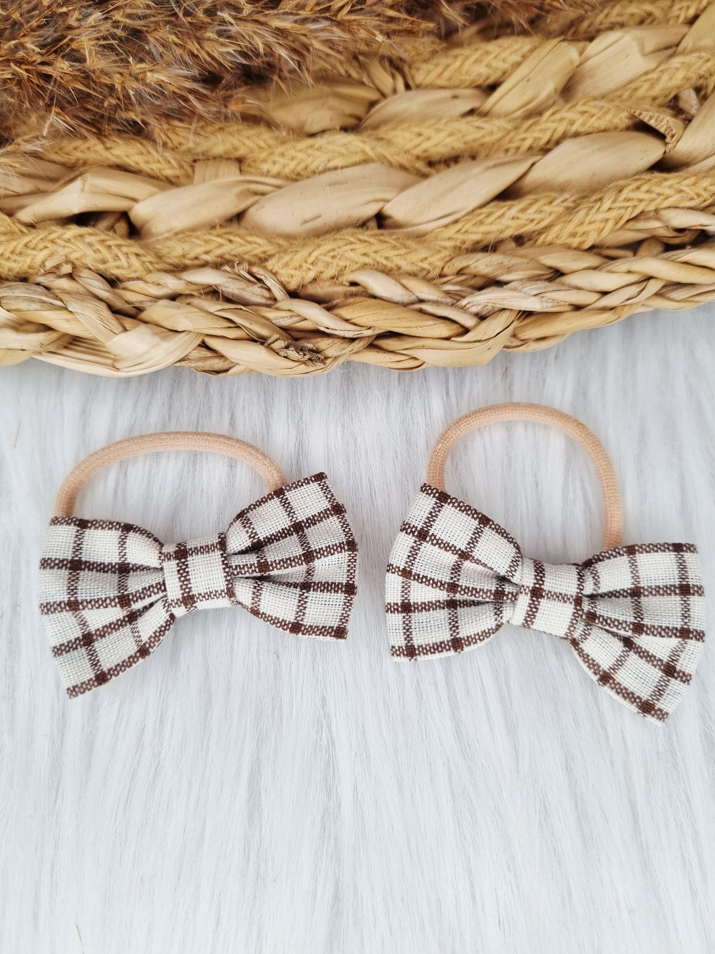 Haarelastiekje strik Zimra 2 stuks ruit creme/bruin