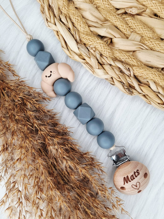 Newborn speenkoord jouw eigen ontwerp donkergrijs, croissant