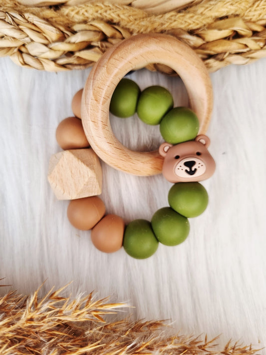 Bijtring met naam Beer, peach brons, donkergroen