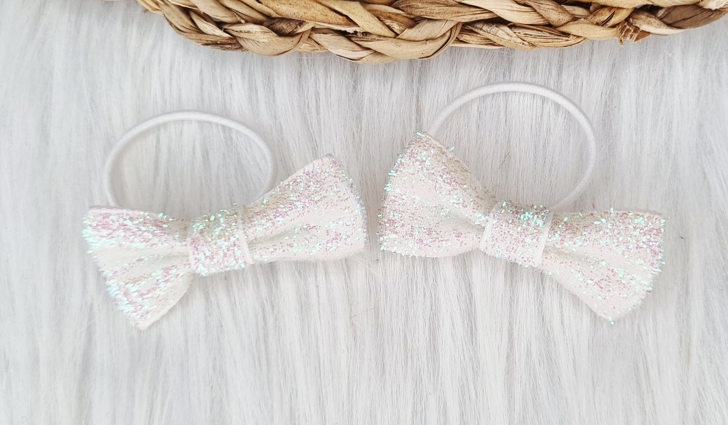 Haarelastiekje strik Glitter (lint) 2 stuks wit