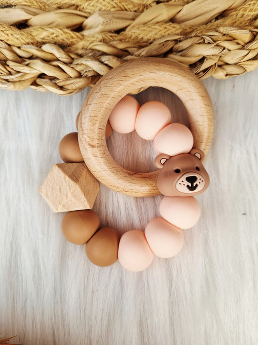 Bijtring met naam Beer, peach brons, lightpink