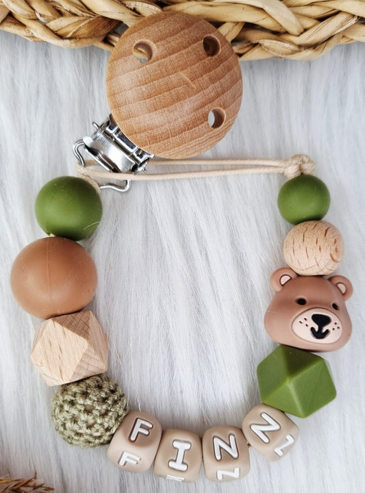 Speenkoord met naam Beer, peach brons, donkergroen