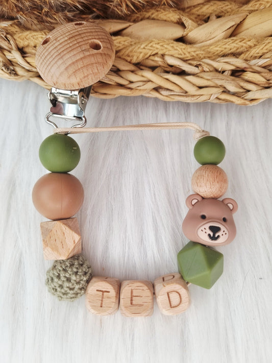 Speenkoord met naam beer peach brons, donkergroen