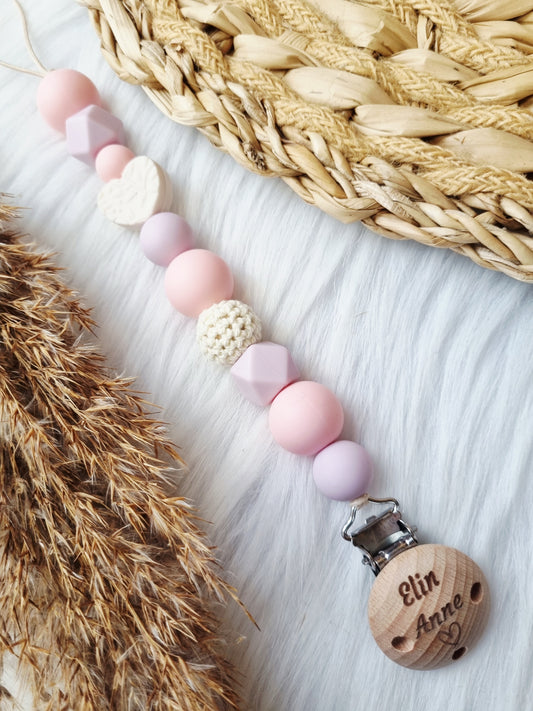 Speenkoord gegraveerd hart off-white babypink, lila