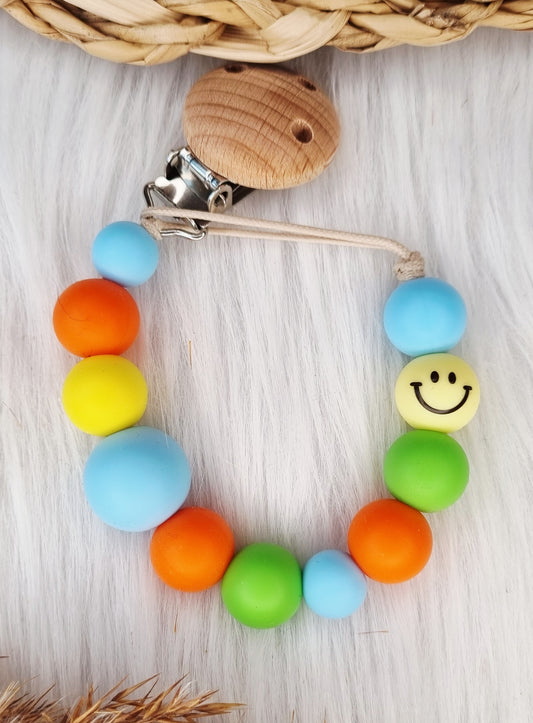 Speenkoord met naam - Smiley, babyblauw, oranje, geel, groen