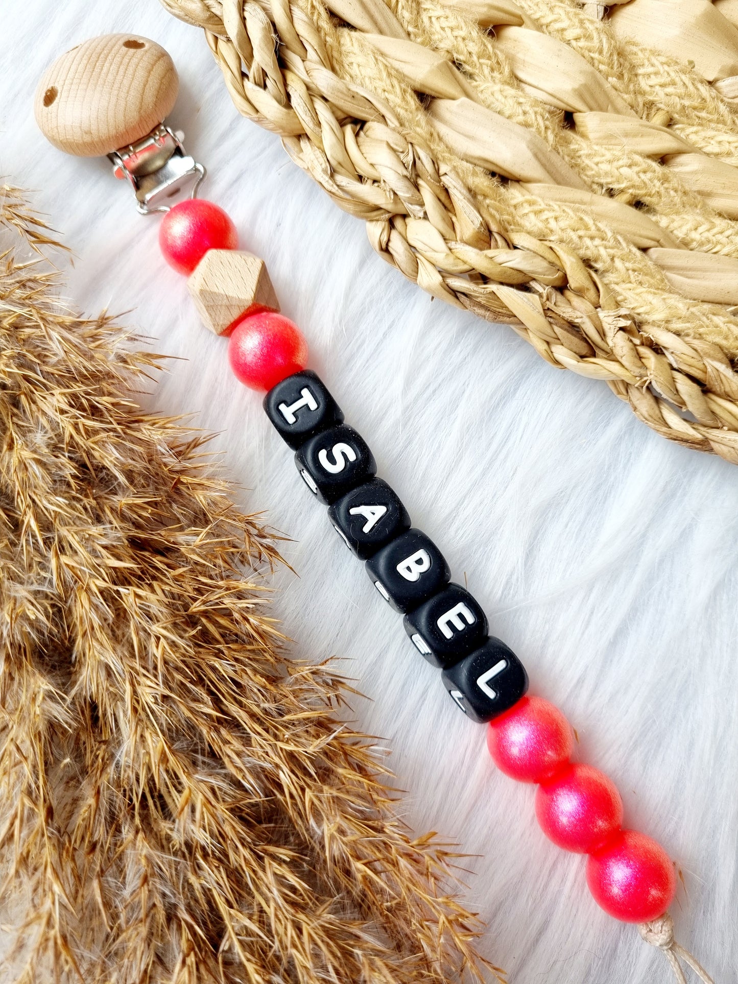 Speenkoord met naam glossy felroze