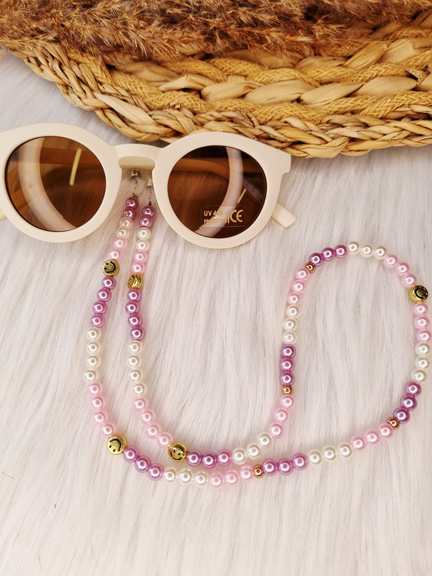 Zonnebrilkoord Smiley pearl roze/lila