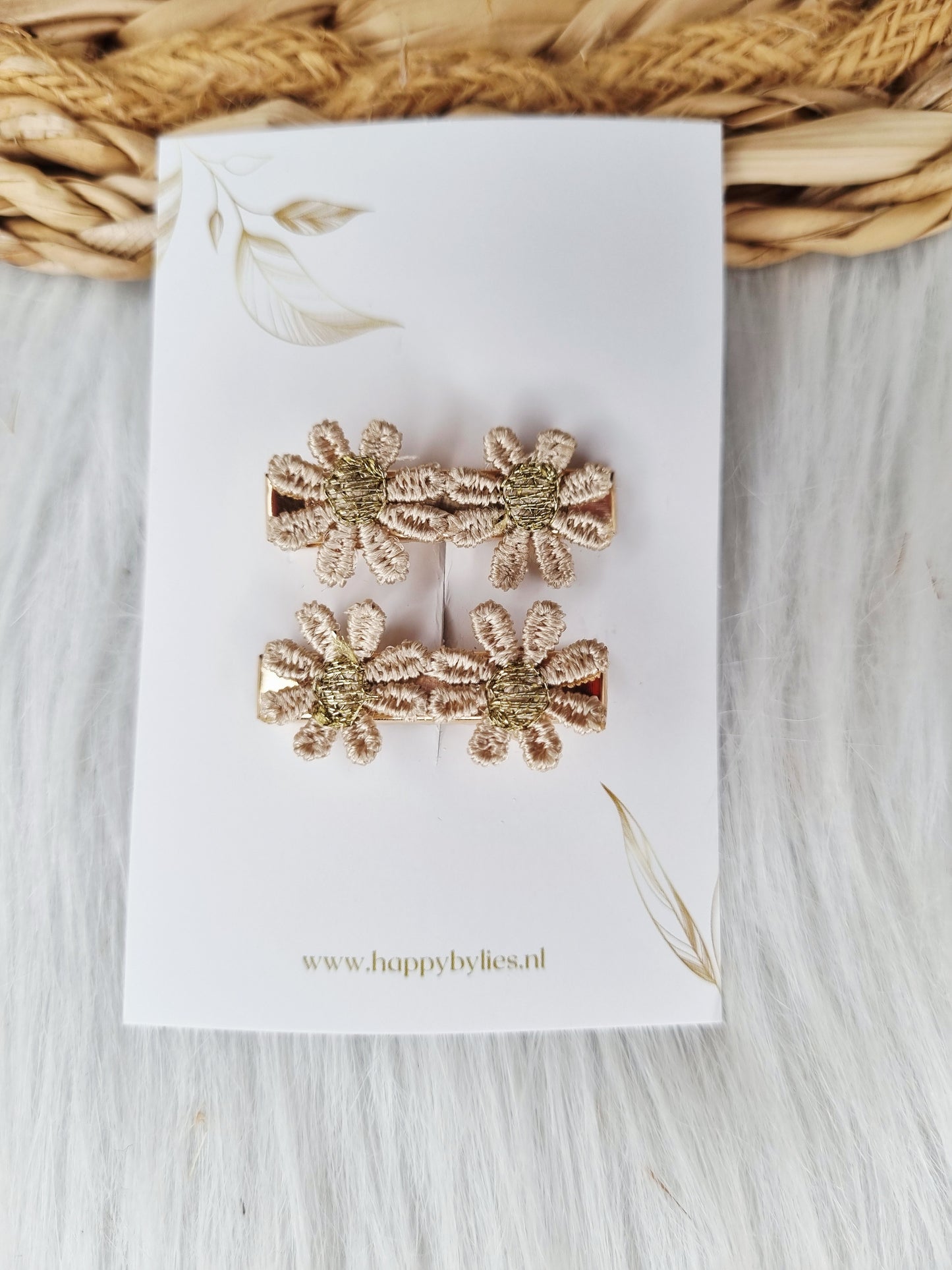 Haarspeldje Alligator daisy beige goud 2 stuks
