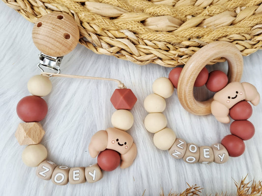 Speenkoord met naam Croissant, beige, woodchuck