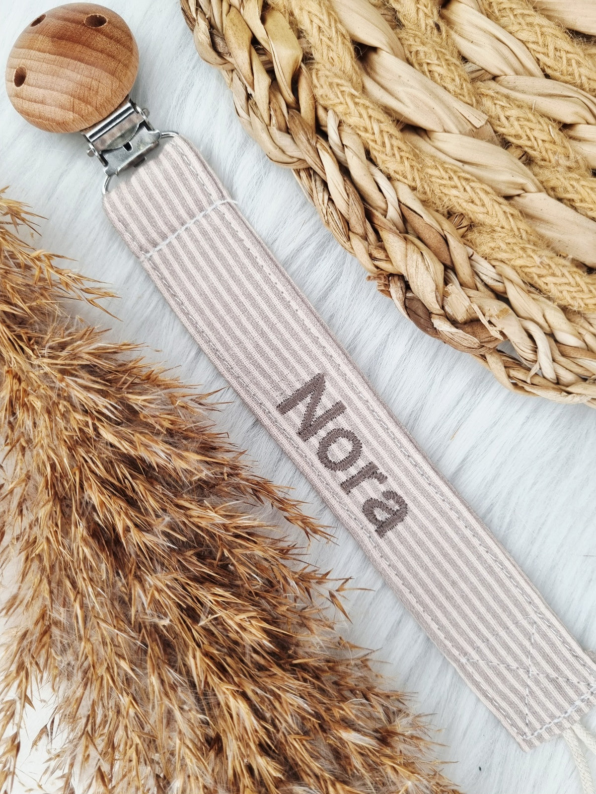 Speenkoord met Naam Geborduurd – Gestreept Taupe/beige