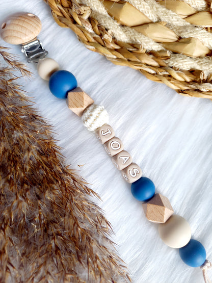 Speenkoord met naam (kies je kleuren zelf) marine blauw/beige