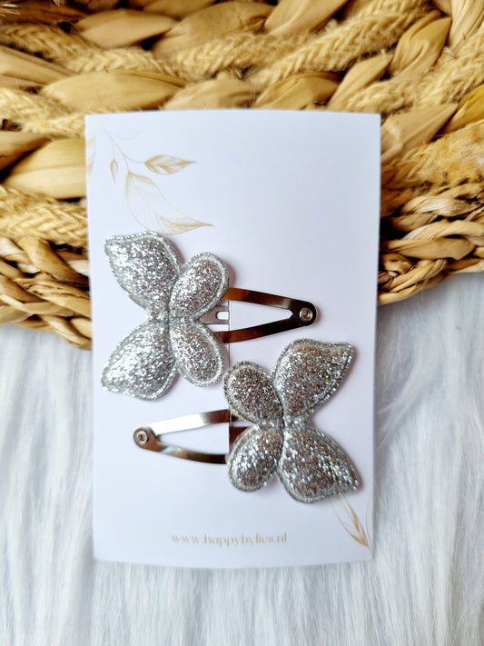 Haarspeldje Vlinder glitter zilver 2 stuks