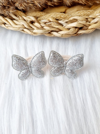 Mini elastiekje Vlinder glitter 2 stuks zilver