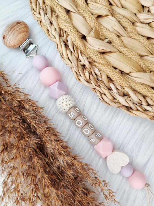 Speenkoord met naam Hart off-white, babypink, lila