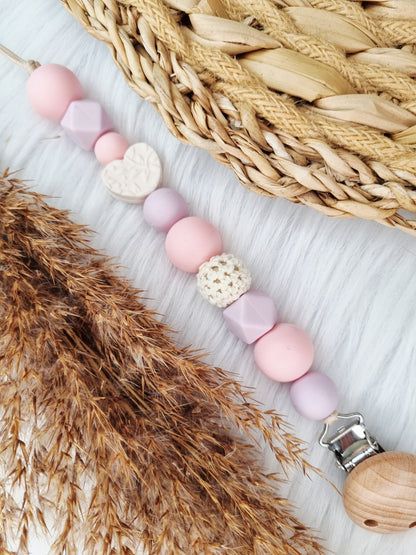 Speenkoord met naam Hart off-white, babypink, lila