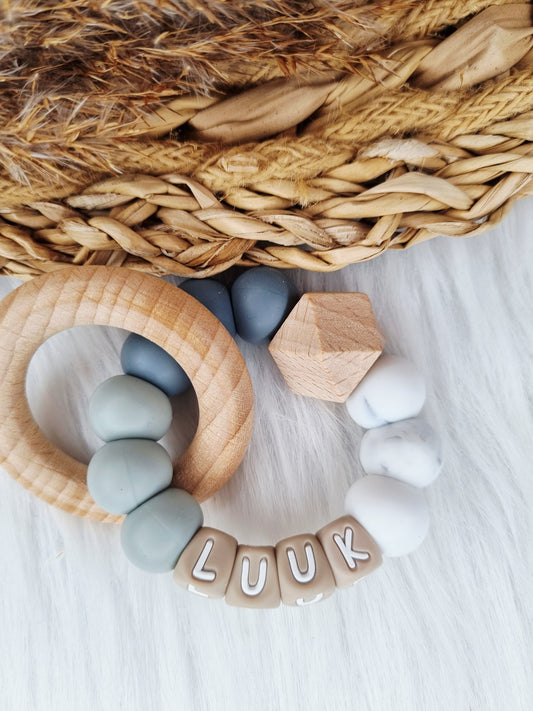 Bijtring met naam - Marble, donkergrijs, lichtgrijs