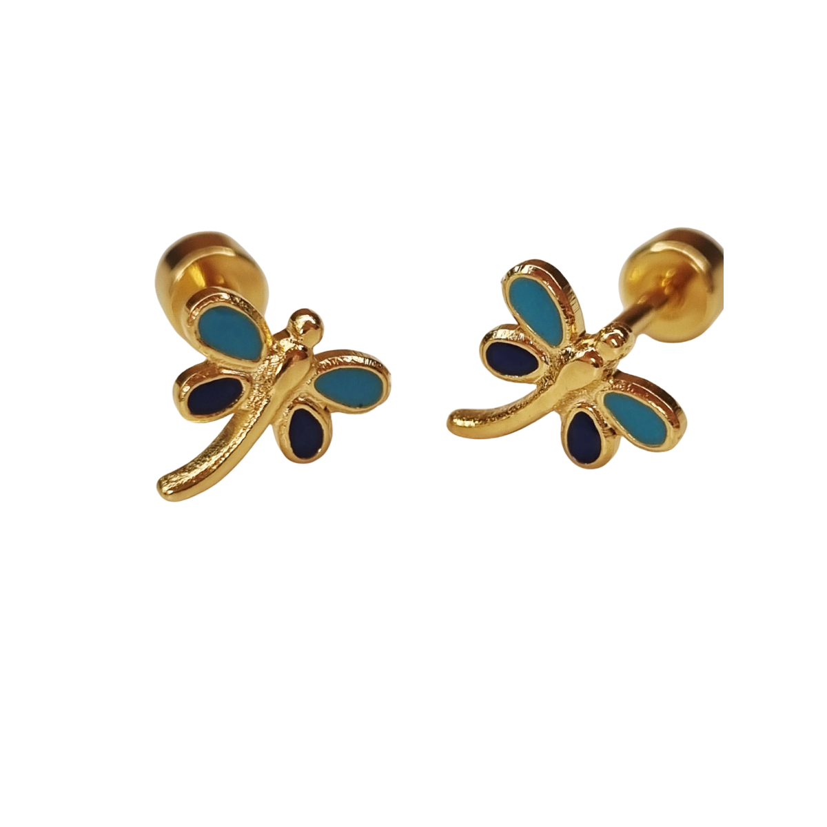 Kinderoorbellen Libelle goud (turquoise,donkerblauw) met schroefsluiting