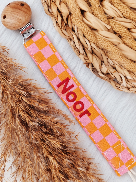 Speenkoord met Naam Geborduurd – Geblokt Oranje/roze,  rood