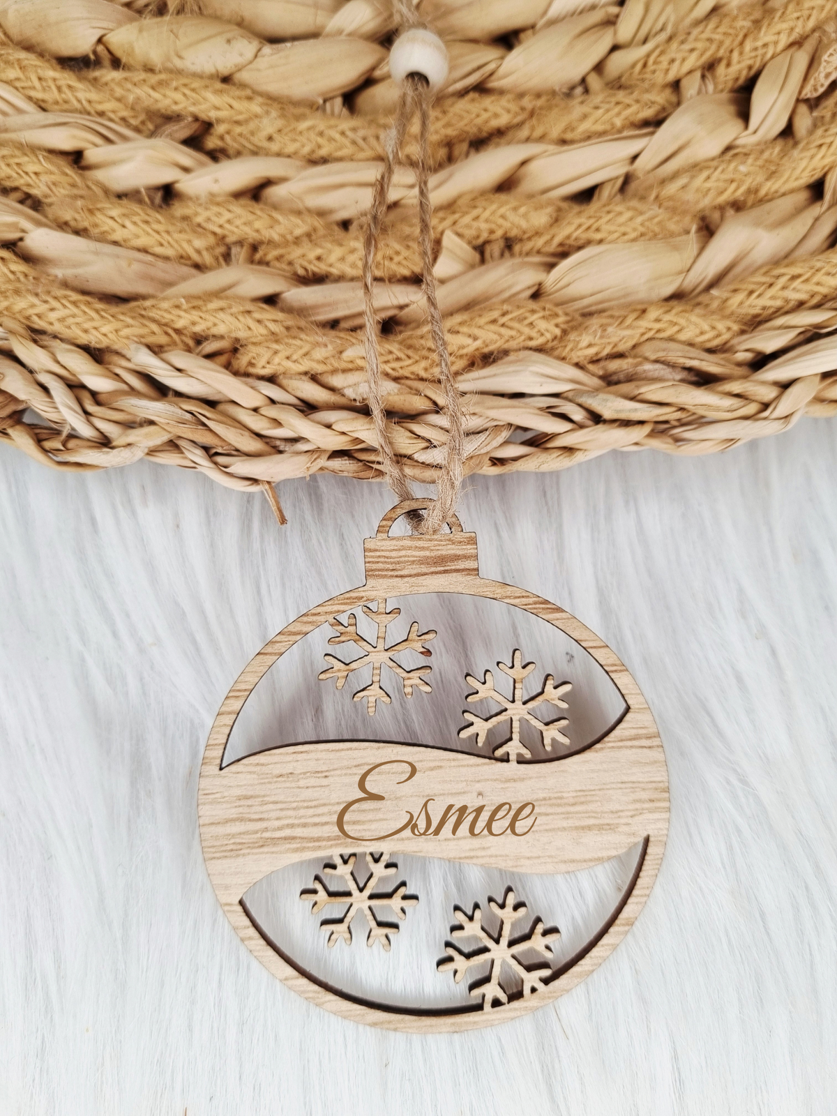Houten kerstbal met naam – Sneeuwvlok