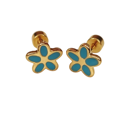 Kinderoorbellen Daisy goud, turquoise met schroefsluiting