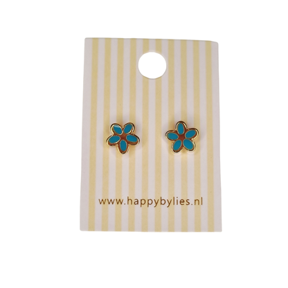 Kinderoorbellen Daisy goud, turquoise met schroefsluiting