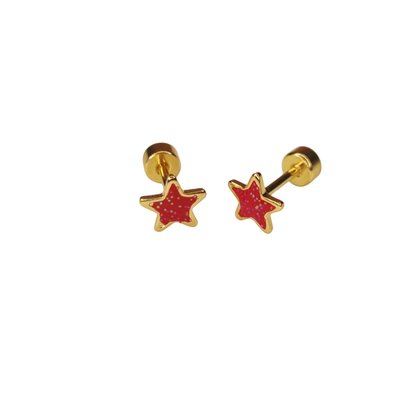 Kinderoorbellen Ster goud, glitter rood met schroefsluiting