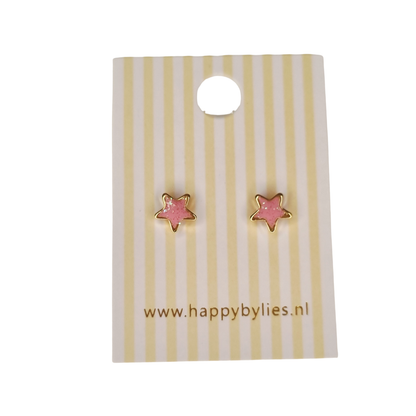 Kinderoorbellen Ster goud, glitter roze met schroefsluiting