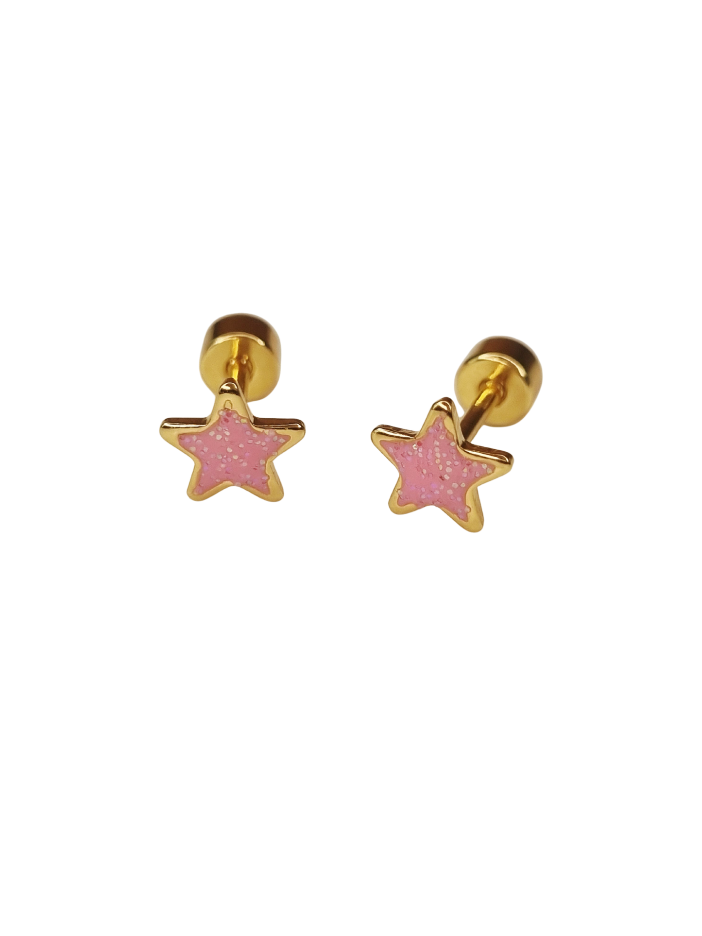 Kinderoorbellen Ster goud, glitter roze met schroefsluiting