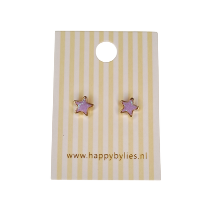 Kinderoorbellen Ster goud, glitter lila met schroefsluiting