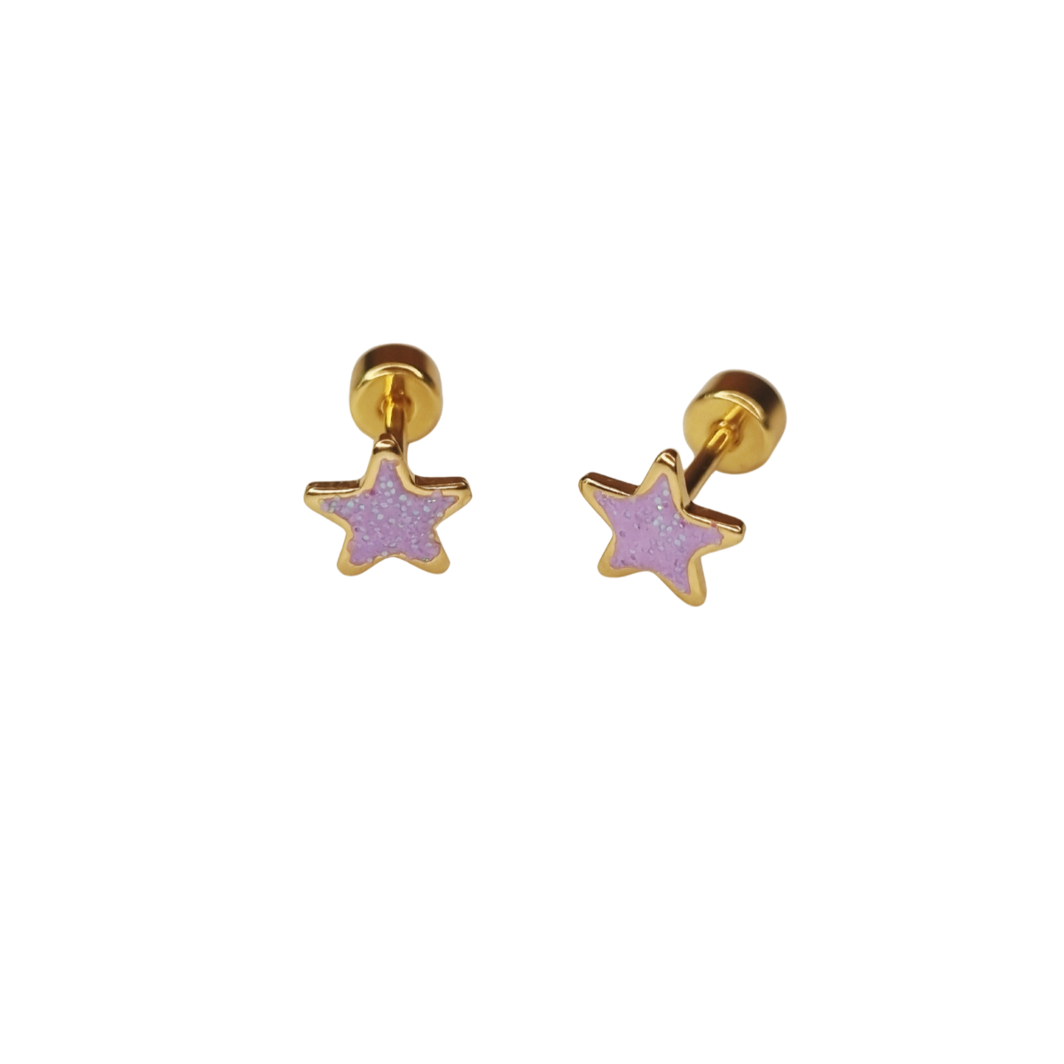 Kinderoorbellen Ster goud, glitter lila met schroefsluiting
