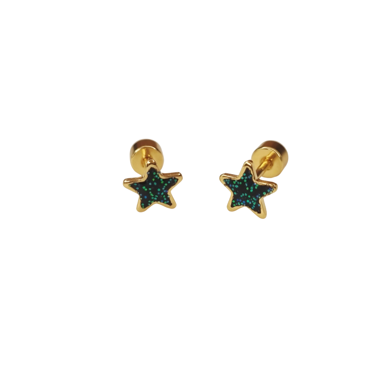 Kinderoorbellen Ster goud, glitter groen met schroefsluiting