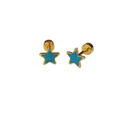 Kinderoorbellen Ster goud, glitter turquoise met schroefsluiting 