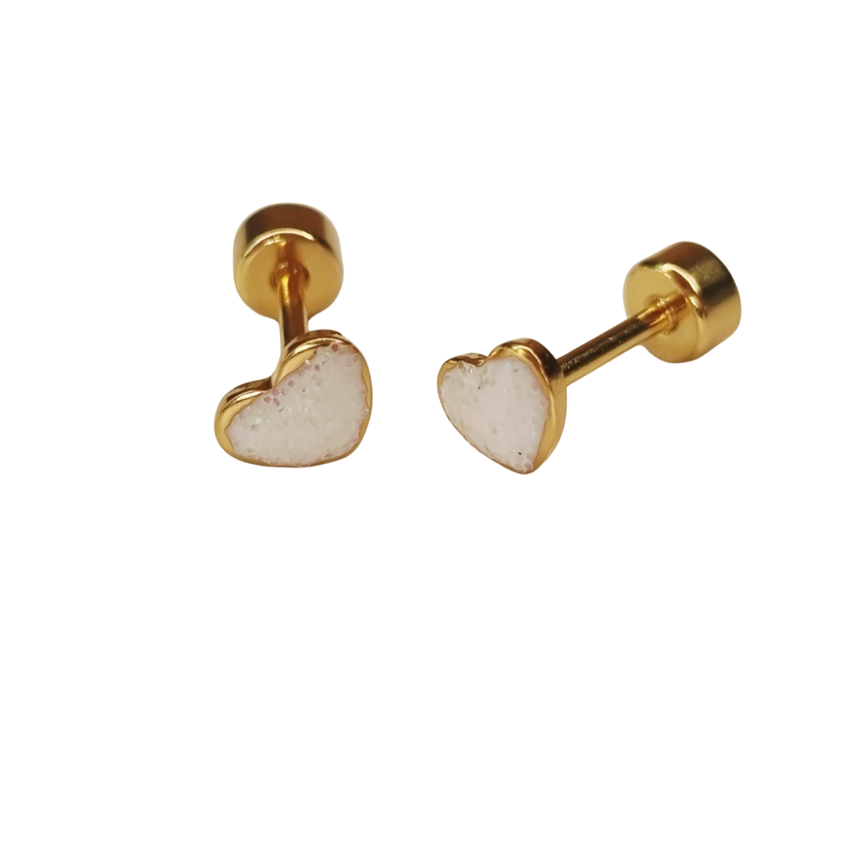 Kinderoorbellen Hart goud, glitter wit met schroefsluiting