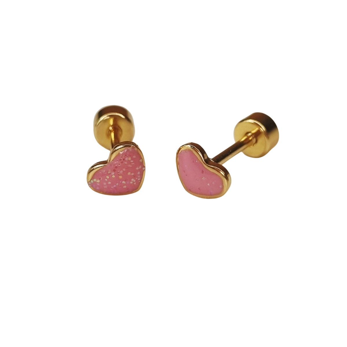 Kinderoorbellen Hart goud, glitter roze met schroefsluiting