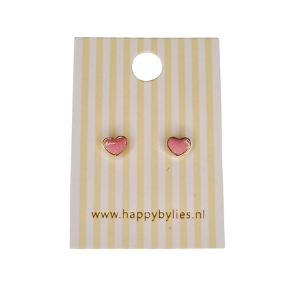 Kinderoorbellen Hart goud, glitter roze met schroefsluiting