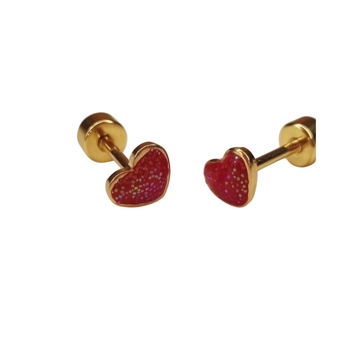 Kinderoorbellen Hart goud, glitter rood met schroefsluiting 