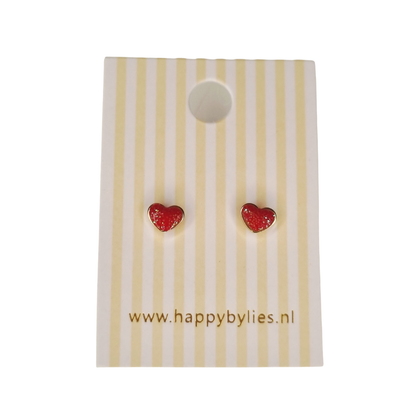 Kinderoorbellen Hart goud, glitter rood met schroefsluiting 