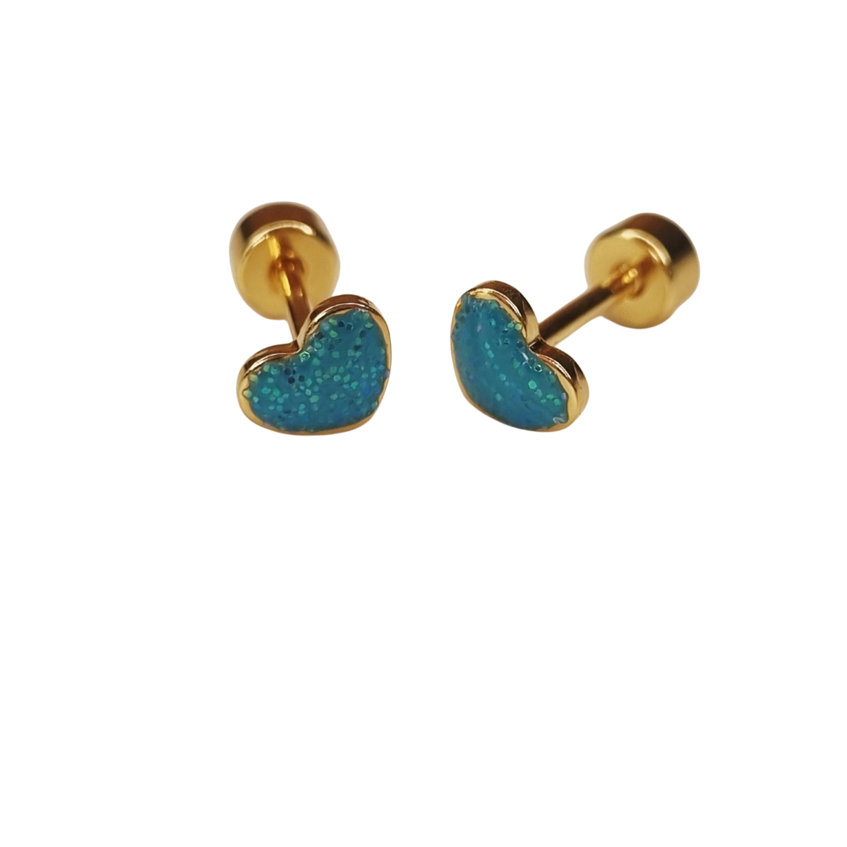 Kinderoorbellen Hart goud, glitter turquoise met schroefsluiting