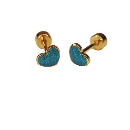 Kinderoorbellen Hart goud, glitter turquoise met schroefsluiting