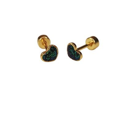 Kinderoorbellen Hart goud, glitter groen met schroefsluiting 