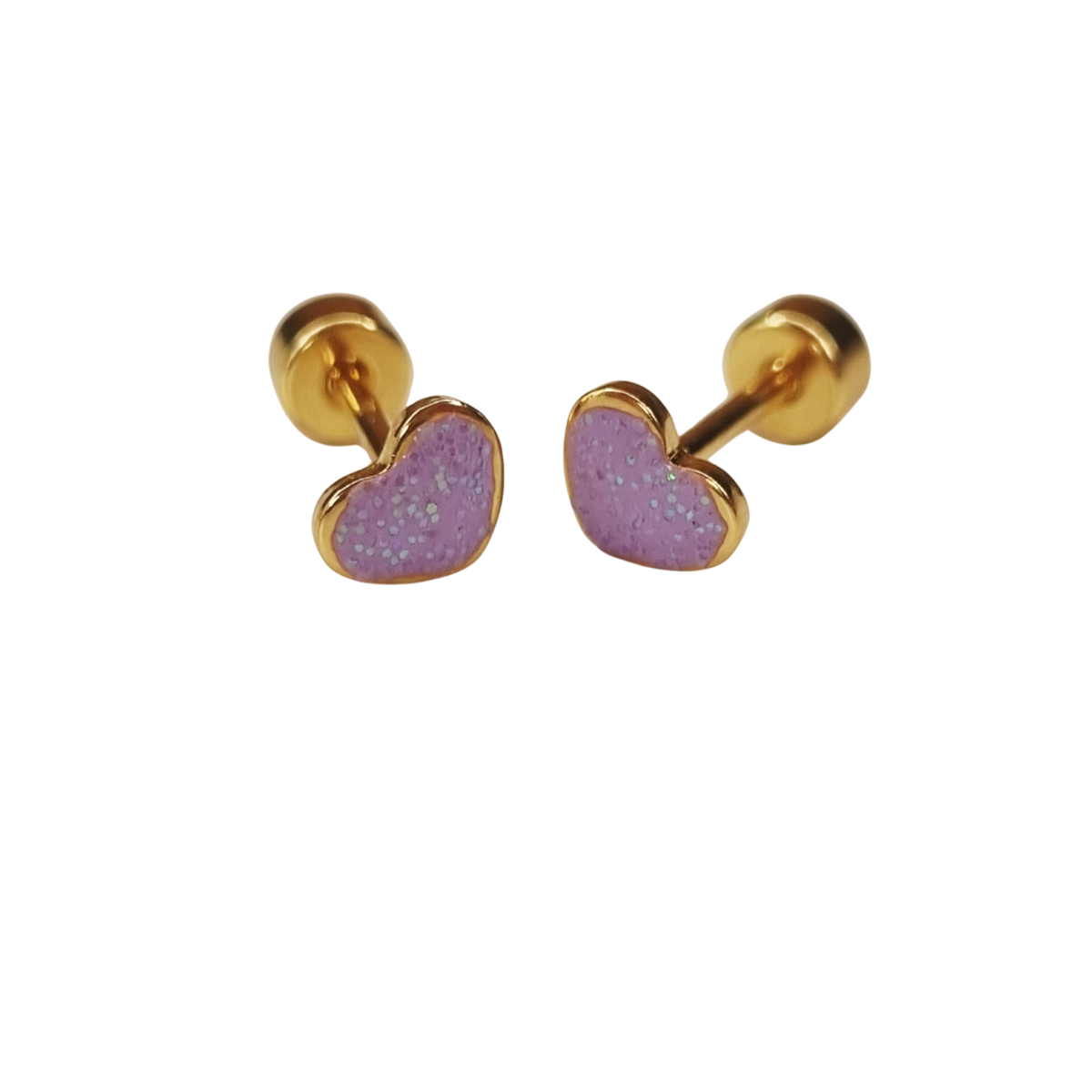 Kinderoorbellen Hart goud, glitter lila met schroefsluiting 